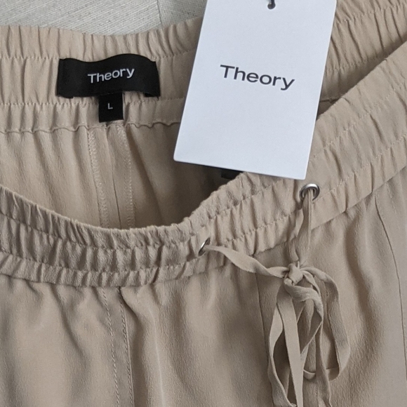 Theory Pants 100% Silk High Waist Drawstring Pull On Pockets Light Tan L NWT - Picture 11 of 13